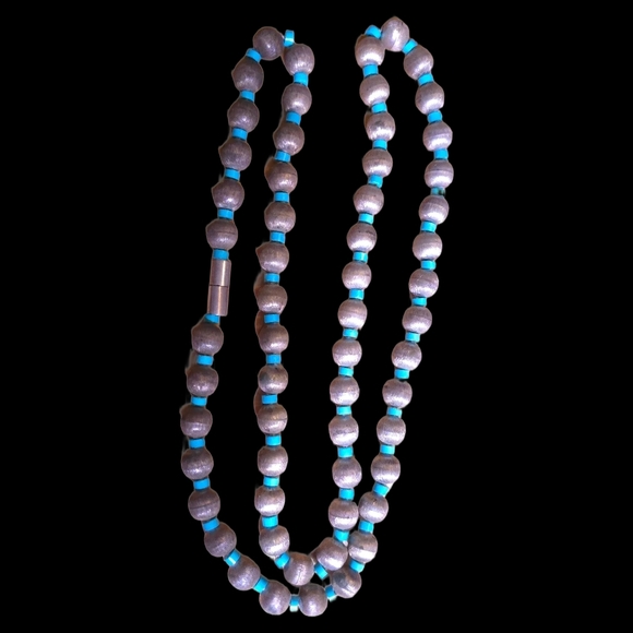 Vintage Mexico JH Sterling Silver Bead Necklace Turquoise Spacer 32” Eagle Mark